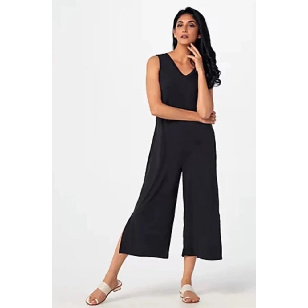 Cuddl Duds Flexwear V-Neck Jumpsuit 1X Black Sleeveless Wide Leg A373506 - Picture 4 of 15